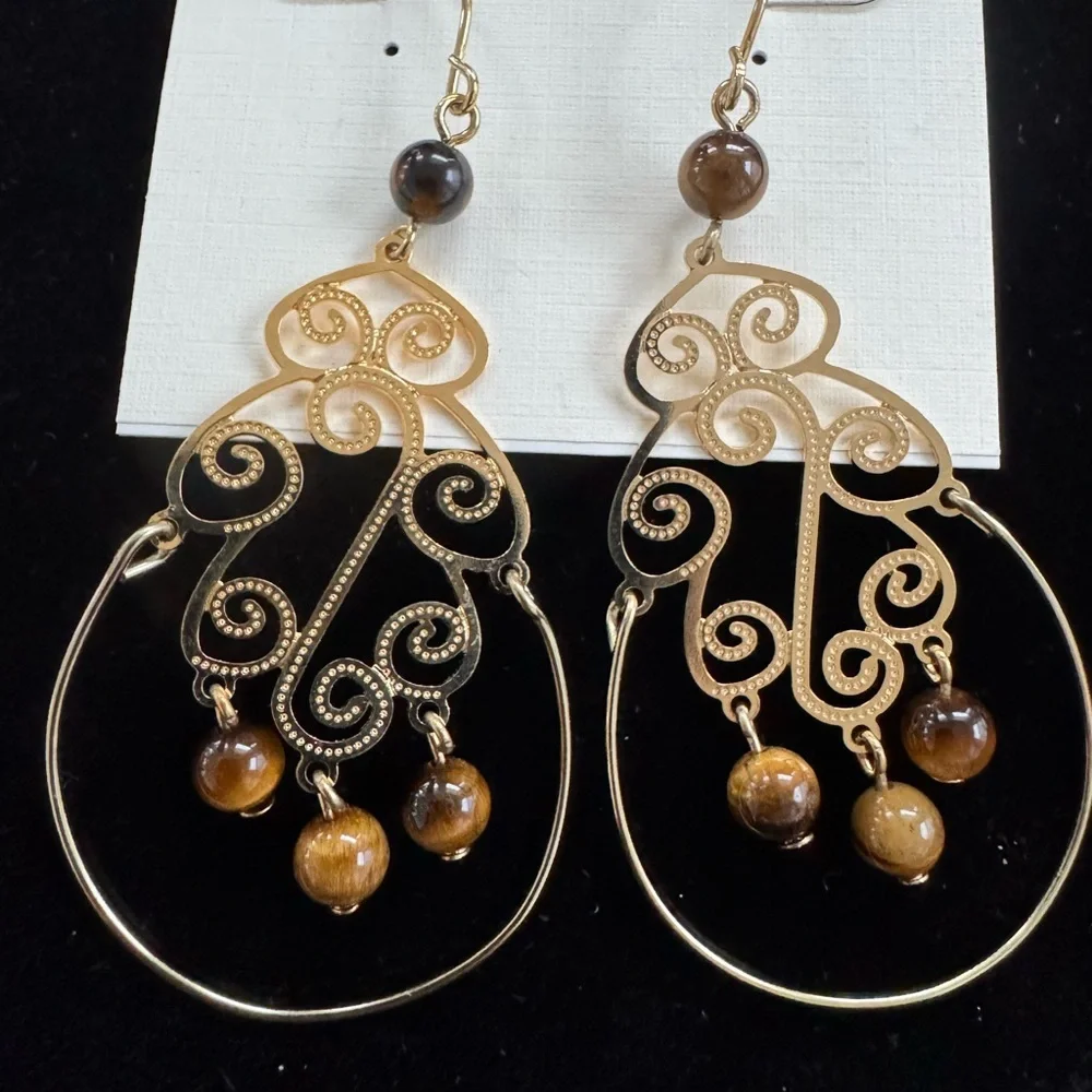 Vintage Gold Filigree Tigers Eye Teardrop Earrings